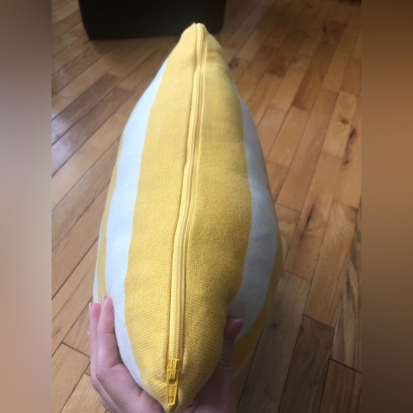 Knitted striped decorative throw pillow. Yellow, navy & cream. - Picture 4 of 8